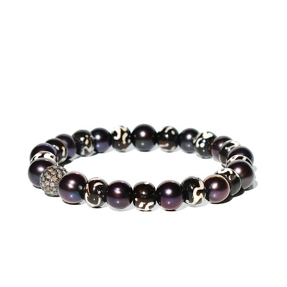 925 Sterling Silver Pave Diamond Black Pearl Stretch Bracelet - Picture 2 of 4